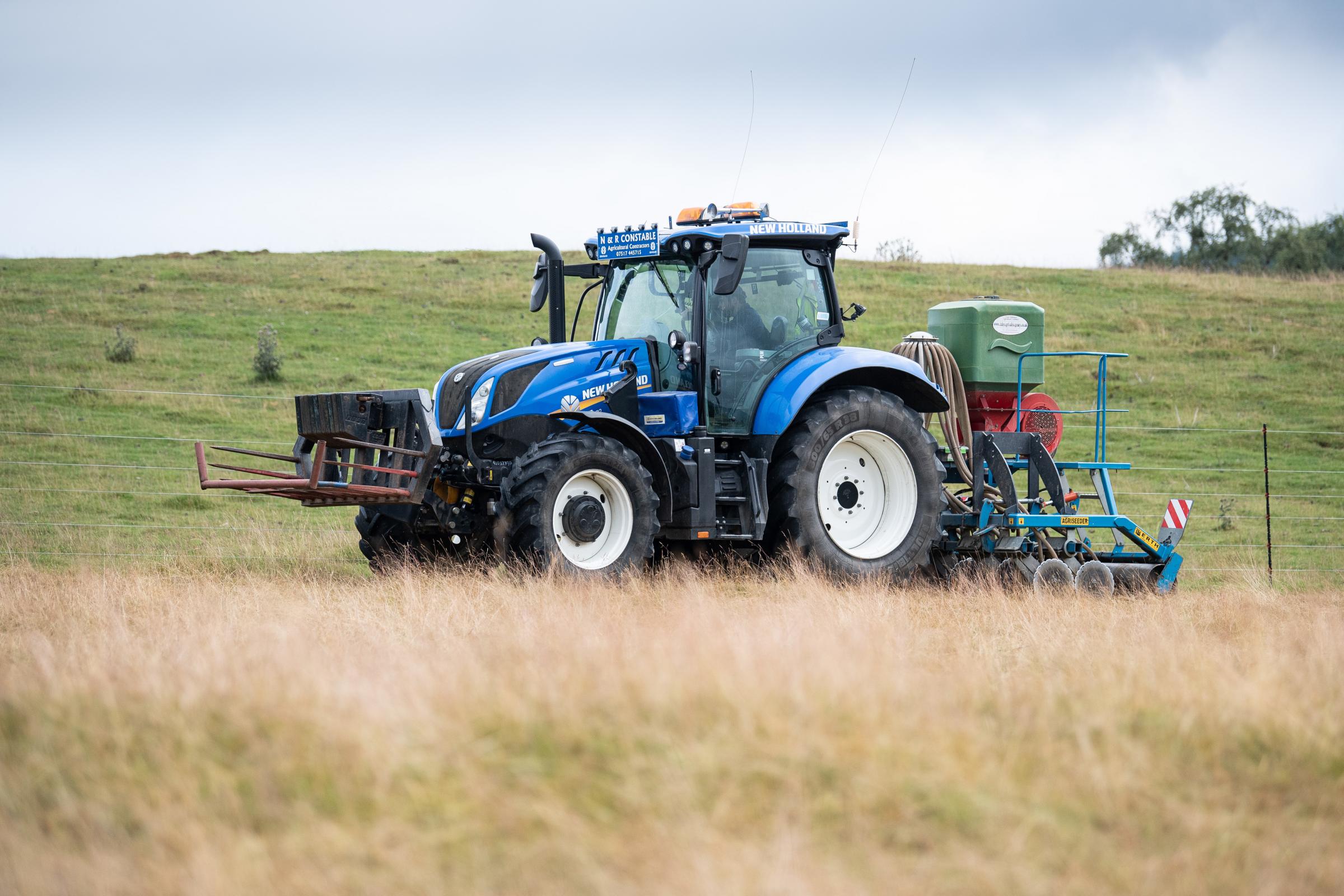 New Holland T6.180 with Erth Engineerings Agriseeder Seed Drill, Direct drilling turnips for winter fodder for deer herd Ref:RH270721073 Rob Haining / The Scottish Farmer