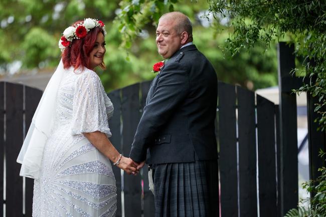SRUC student Lynne Fleming and her husband David Fleming at their garden wedding in July