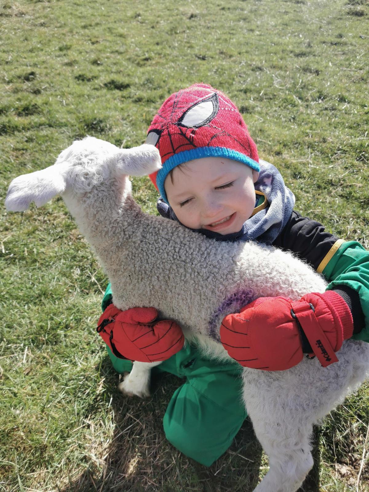 Keri Milne - My 4 year old Cameron cuddling a lamb after marking.