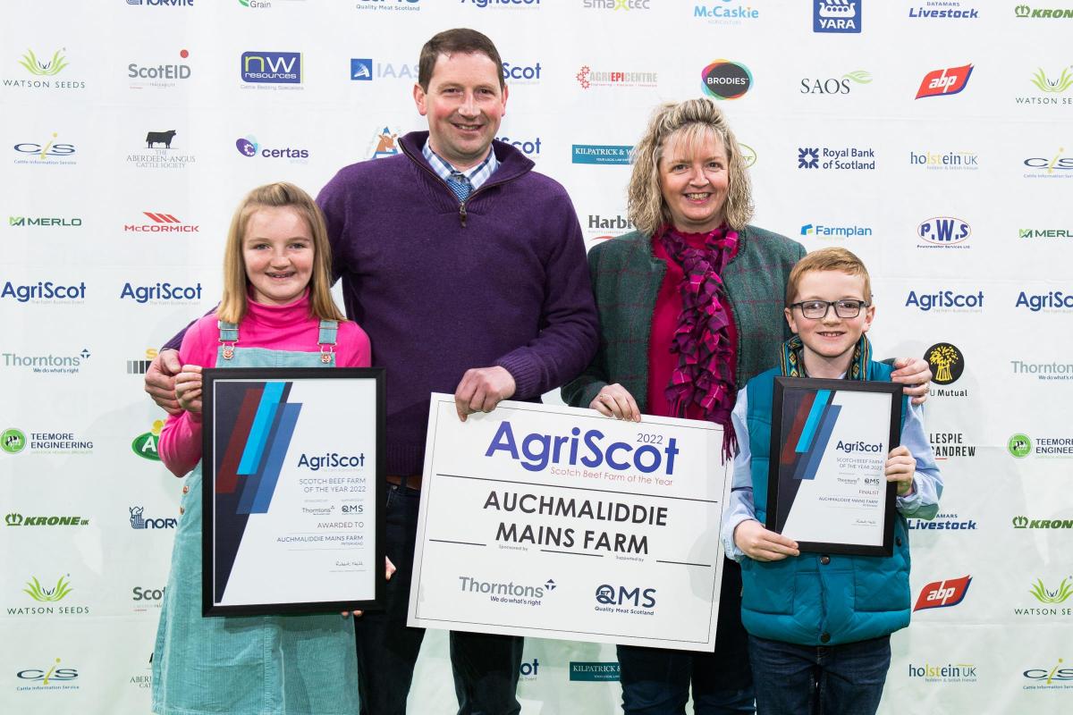 AgriScot Scotch Beef Farm of the Year was Auchmaliddie Mains Harry with his wife Helen, Abbie and Murray Ref: RH161122073 Rob Haining The Scottish Farmer