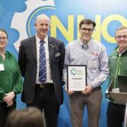 Connor Smith, Bimeda receiving the winner certificate from judges left to right: CIEL's head of innovation and animal health, Dr Grace O'Gorman; RABDF trustee Tim Downes and global sales director for smaXtec Chris Howarth.