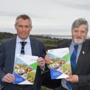 NFUS policy director Jonnie Hall and president Martin Kennedy at the manifesto launch near Edinburgh