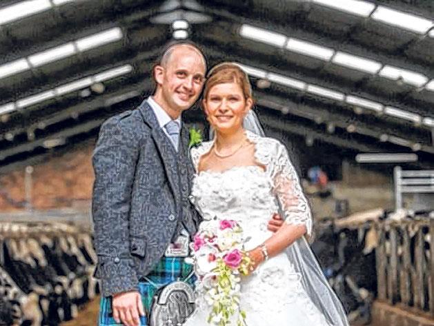 Claire Taylor, from Inverquharity Farm, Kirriemuir, and Magnus Moncrieff, from Stromness, Orkney, were married at  Baldoukie Farm, Nr Forfar.