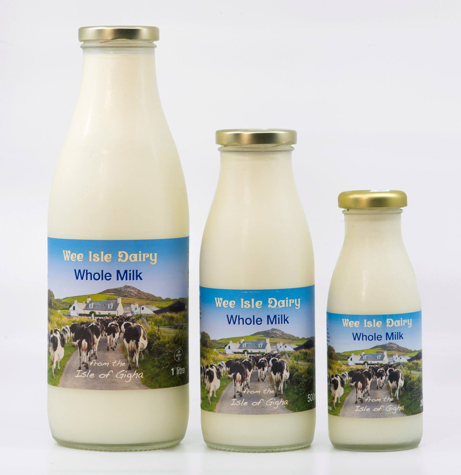 The various glass milk bottle sizes that the pasteurised milk is available in 