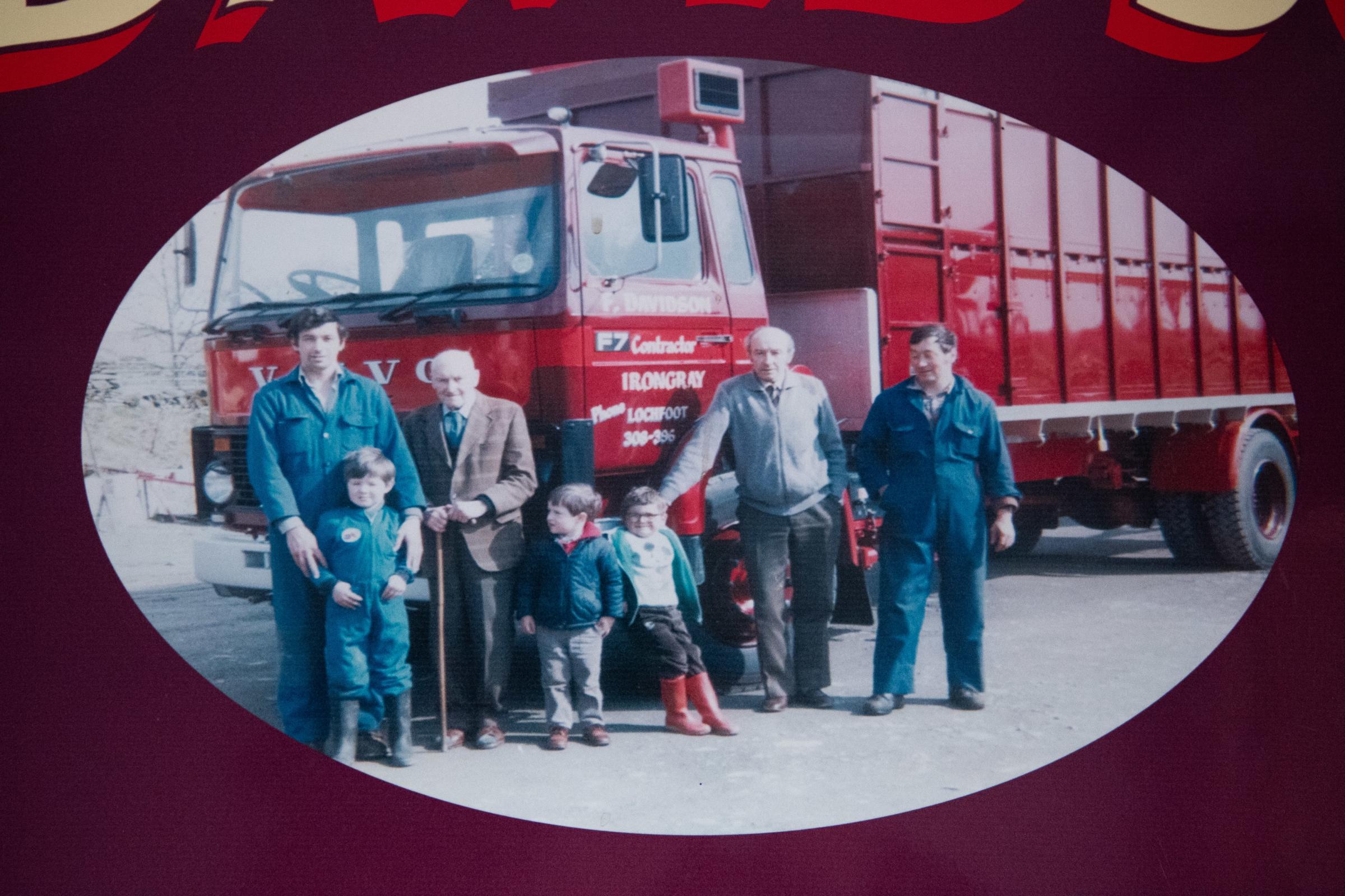 A picture from the early eighties, Bobby, Robbie, Fred, Cousins Gary and William, Bob and Billy posing in front of a Volvo rigid trucks used at the time . Ref:RH300121279 Rob Haining / The Scottish Farmer...