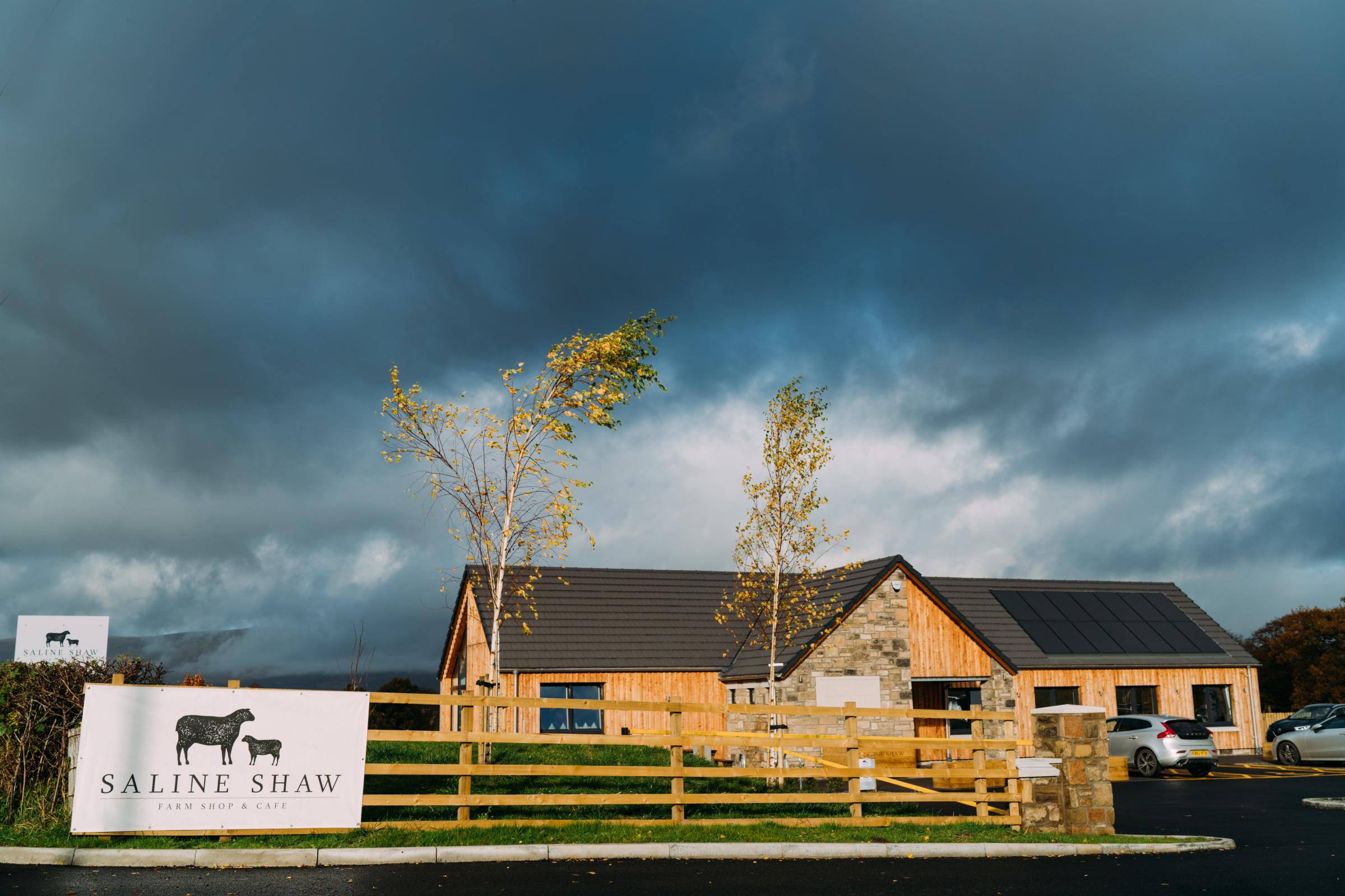 A welcome in off the road to the Saline Shaw Farm Shop and Cafe, with its Scandinavian building design