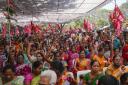 Members of various trade unions and opposition political parties shout slogans in support of countrywide rural strike called by farmers in Hyderabad, India, Friday, Feb. 16, 2024. Farmers are blocking highways and holding demonstrations in many rural