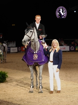 James Smith on Simply Splendid after winning the Stoneleigh Stakes at HOYS