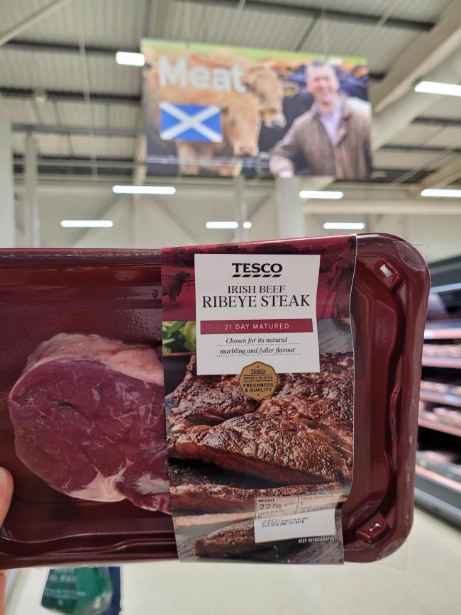 Despite a sign suggesting Tesco's support for Scottish beef farmers, in its Silverburn store outside Glasgow, the SF found no Scottish beef or lamb on its shelves but plenty of British and Irish beef
