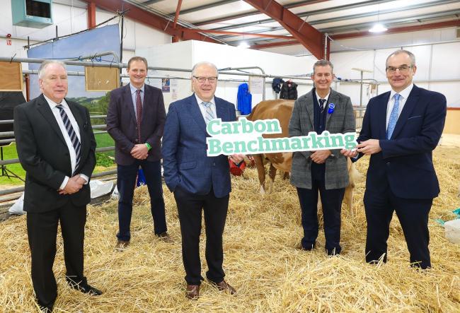 DAERA Minister Edwin Poots with (L to R) Dr Sam Campbell, Chief Executive A.I. Services, David Brown Deputy President UFU, Dr Mike Johnston, Chief Executive, Dairy Council NI, Martin McKendry, Director, CAFRE - at the launch of a new initiative to help