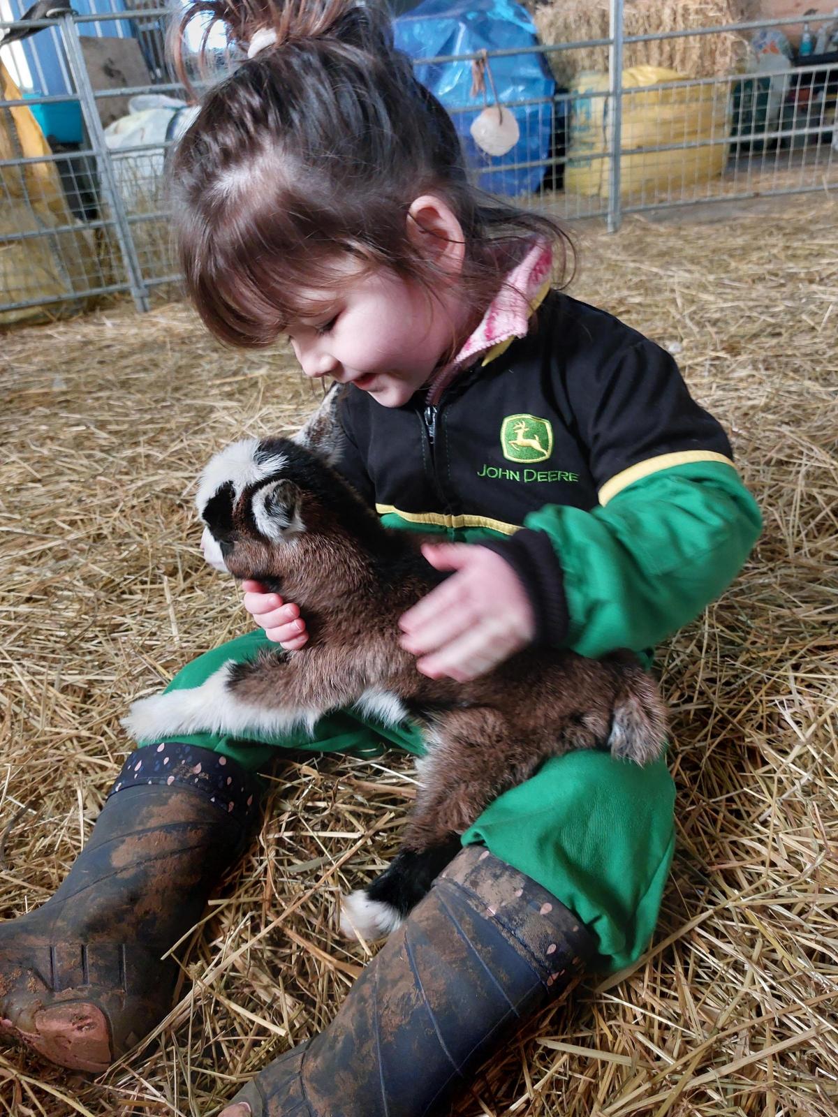 Aimie Ewart - 2 year old Jessie with baby pygmy goat, also Jessie, at Aylswood RareBreeds