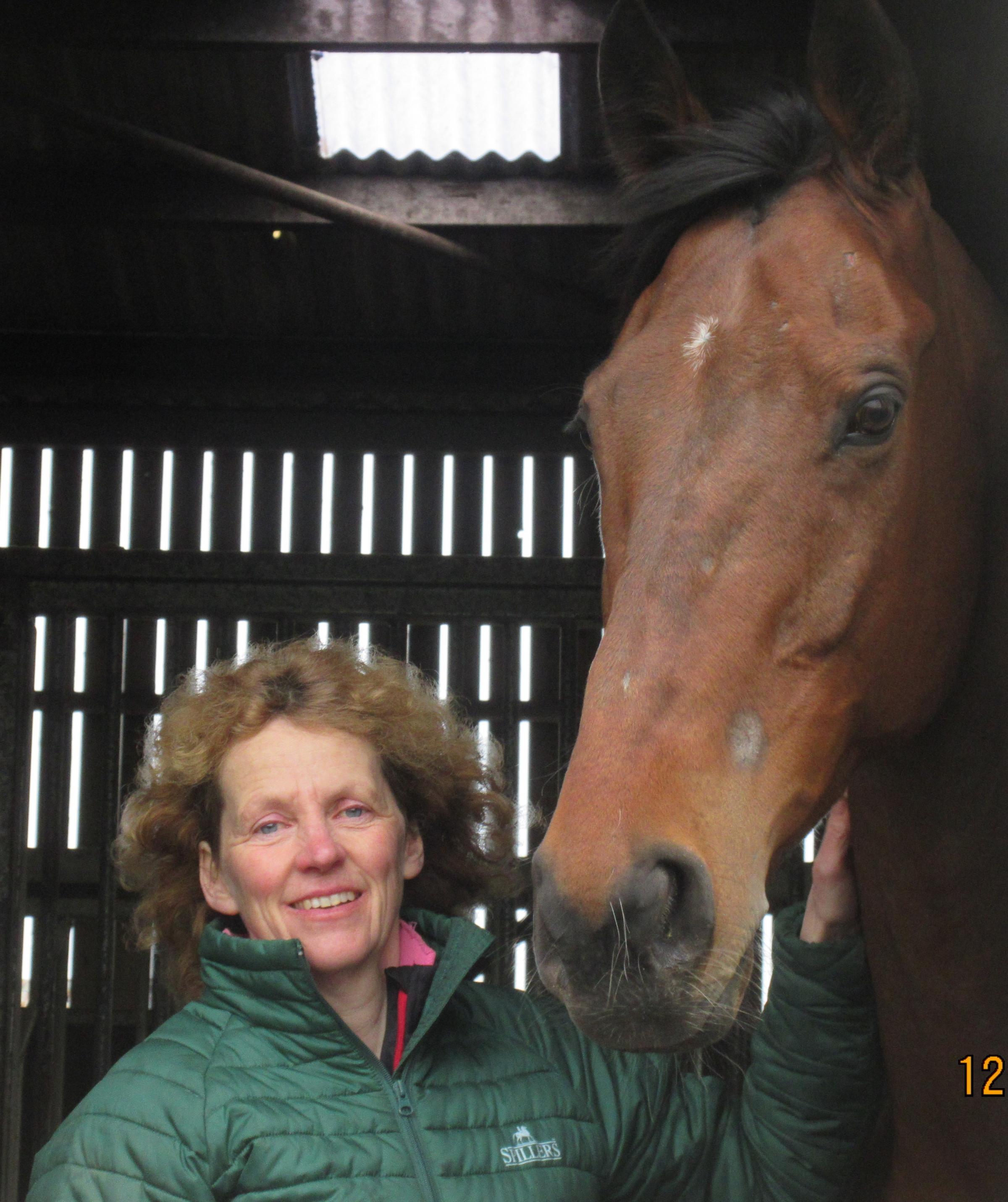 Lucinda Russell pictured this week with a resting Ahoy Senor at Arlary Stud