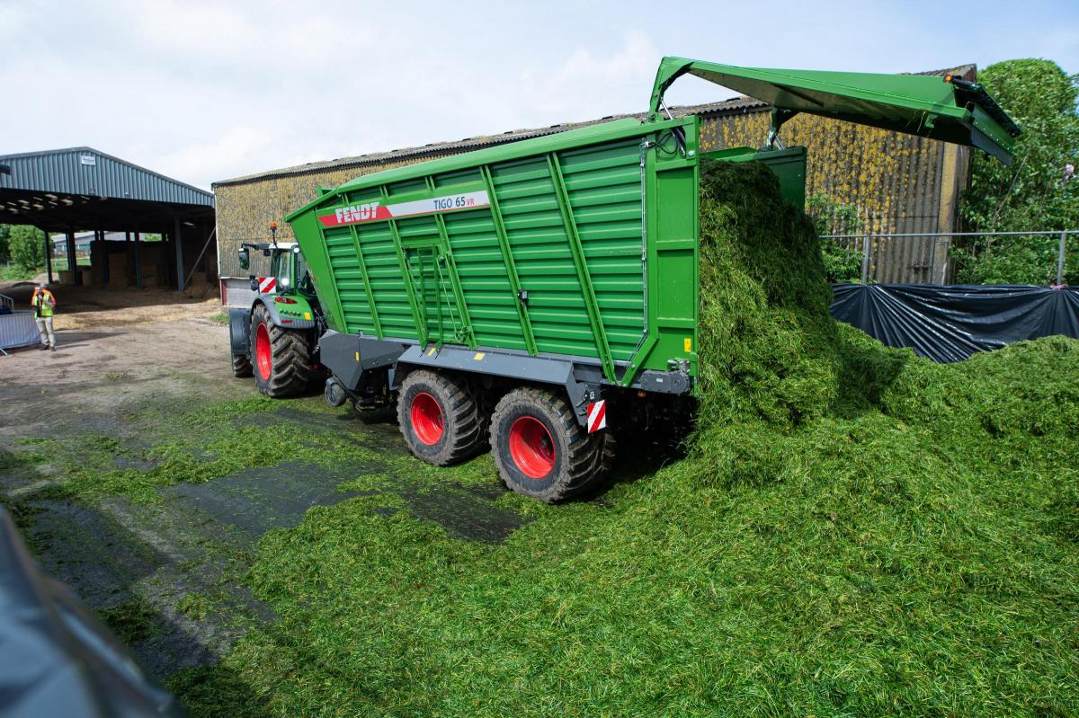 Fendt Tigo 65VR all-in-one loading wagon tips another load of grass at the clamp  Ref:RH180523310  Rob Haining / The Scottish Farmer...