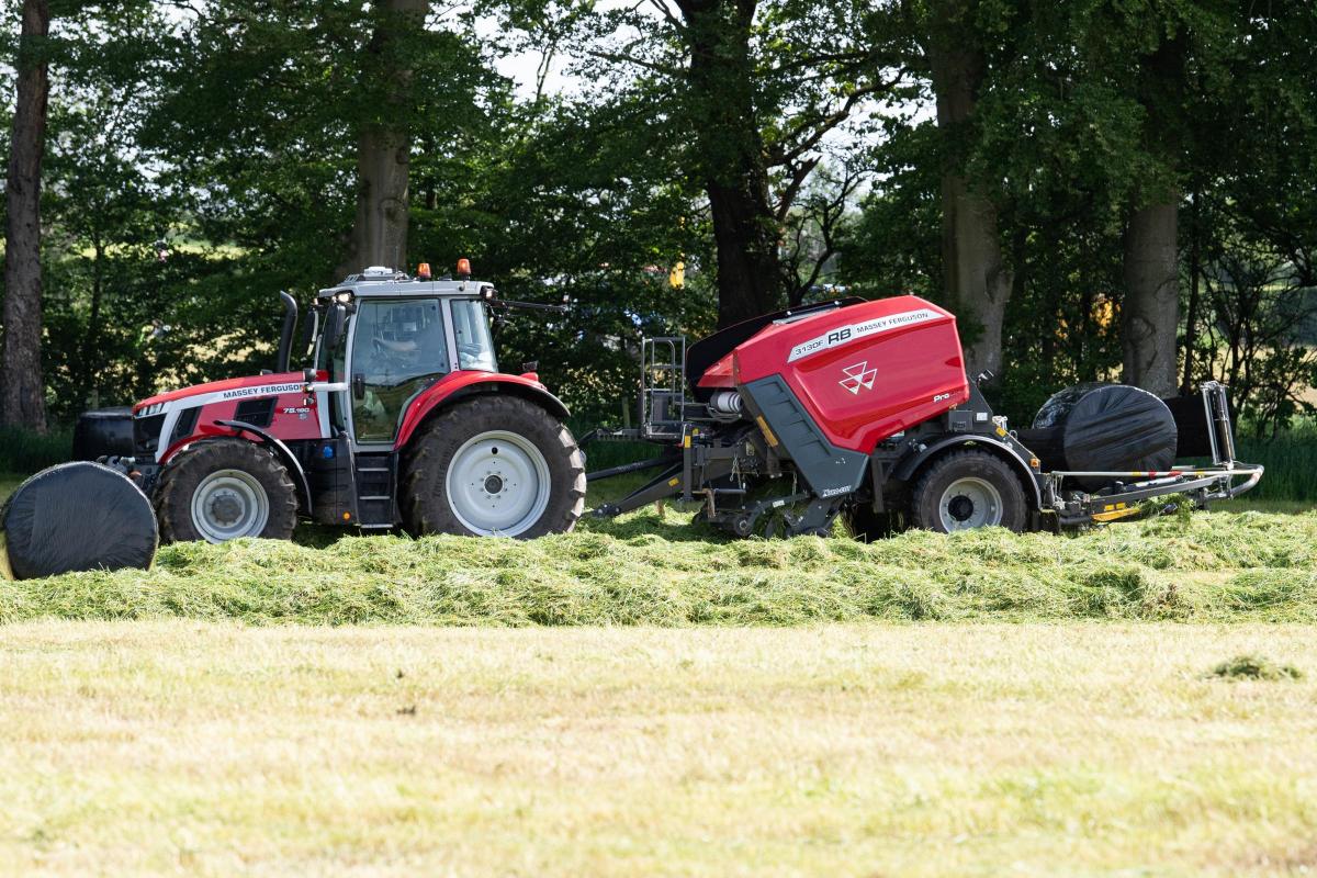 Massey Ferguson 7S.190 tractors paired with the MF 3130f  fixed chamber round baler Ref:RH180522264  Rob Haining / The Scottish Farmer...