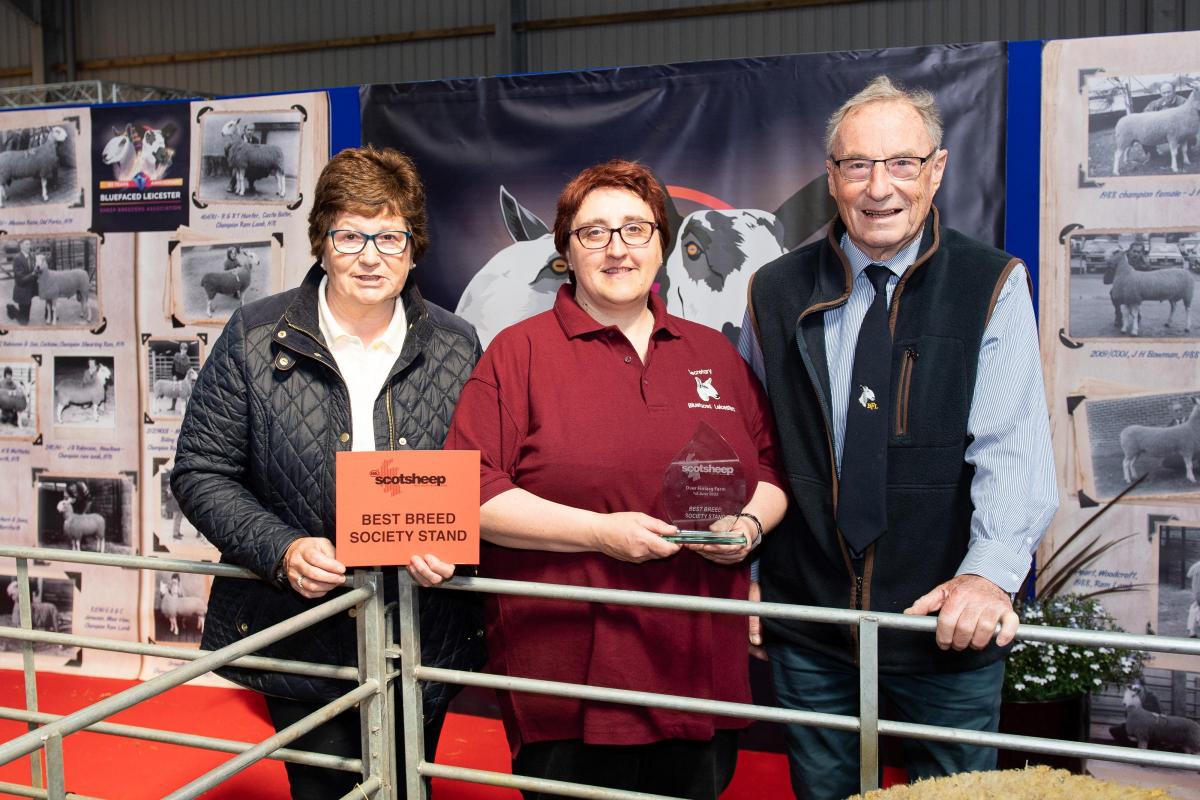 Best breed stand was the Blue Faced Leicester,  National chair Kate Smith, Secretary Helen Smith and Scottish Chair John Dykes  Ref:RH010622105  Rob Haining / The Scottish Farmer...