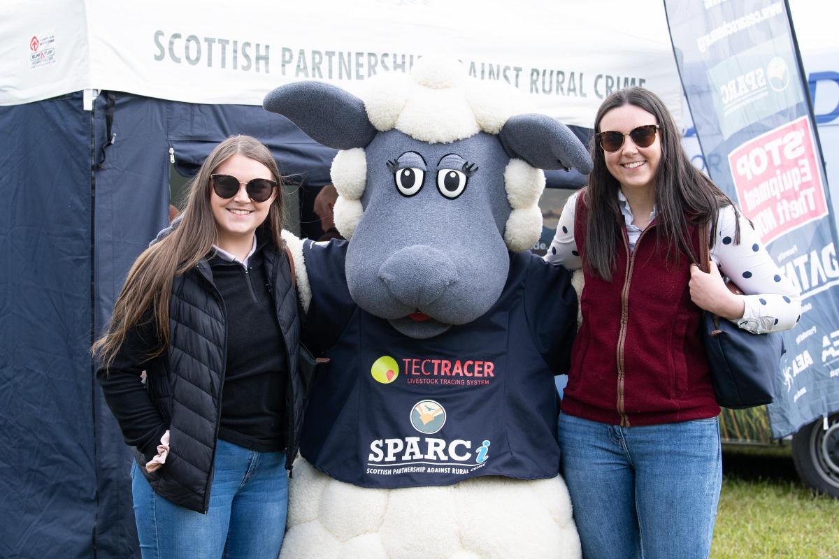 Kim and Amy Laird pose with SPARCi the sheep from the Scottish Partnership Against Rural Crime  Ref:RH010622178  Rob Haining / The Scottish Farmer...