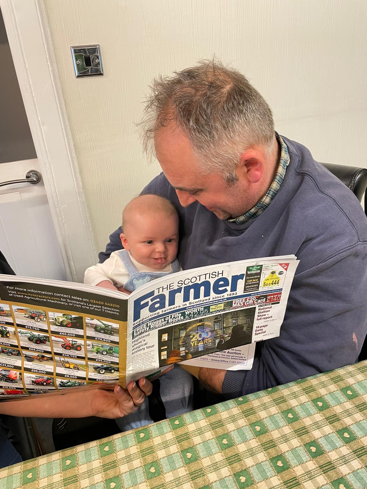 Victoria Scott - Here’s Andrew Dalling of Westertoun Farm, Strathaven sitting on his Papa Alex Scott of Kilburn Farm’s knew – starting him young with TSF