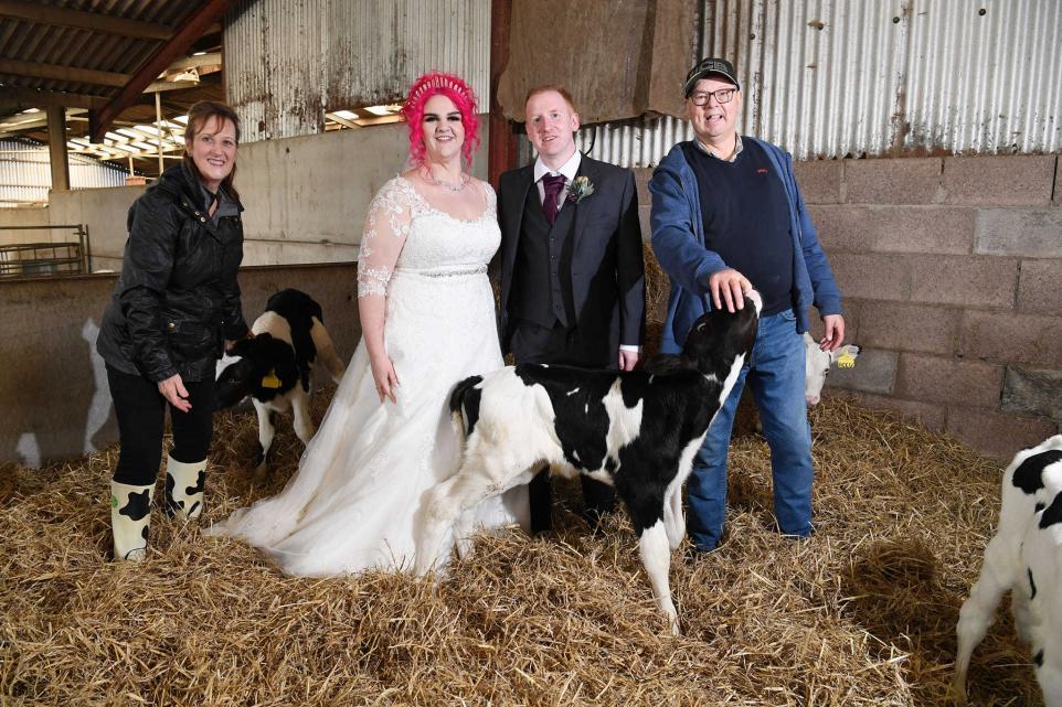 John and Lynn Kelly are pictured with the happy couple, Fiona and Christophe Cochrane, during their photo shoot visit to Hillend Farm.