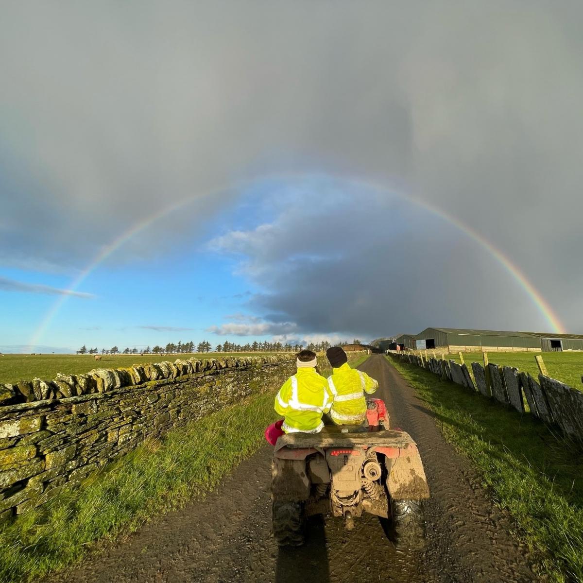 Christine Campbell - Ross & Ailsa Campbell from Bardnaclavan Farm, Caithness captured under a spontaneous rainbow bringing hope, happiness and joy to all