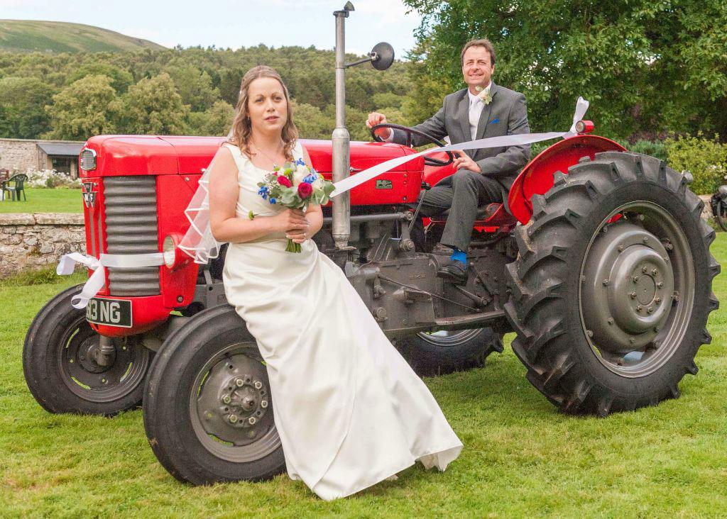 Claire Louise Hunter, formerly of Puncherton Farm, Harbottle, married Martin James Spencer of Australia, at Clennell Hall, pic taken on Claire's families 1959 Massey Ferguson 65.