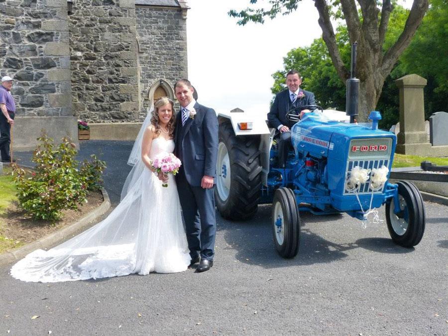 Mark Willis, Spylaw Farm, Kelso, married Lynsey Poole at St Marks, Ballymore, Tandragee. N Ireland. Also pictured is Mark's father-in-law, Neville, on his refurbished Ford 3000.