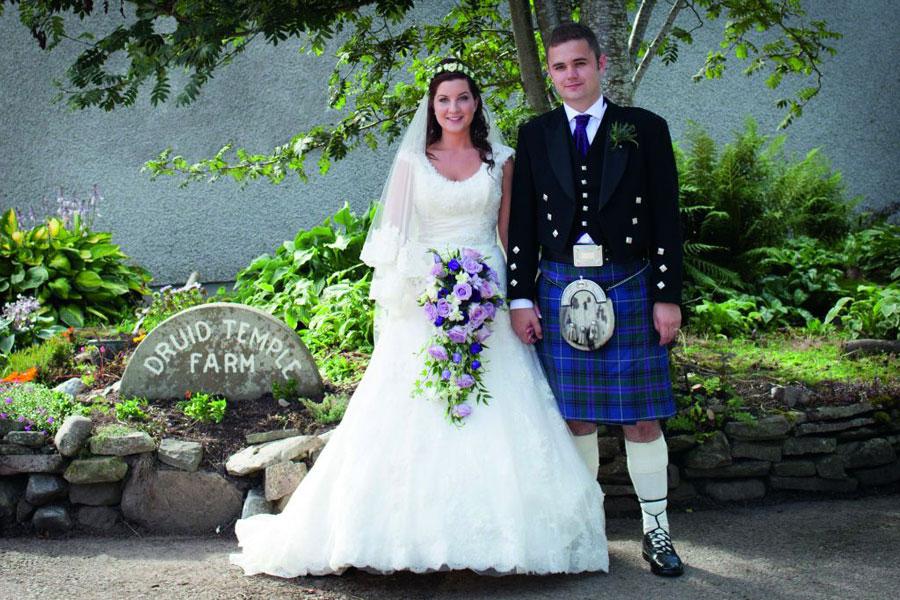 Laura Grant of Druid Temple Farm, Inverness and Ricky Marwick of Westness Farm, Rousay, Orkney, who married at Petty Church, Tornagrain, Inverness on 18th August 2012.