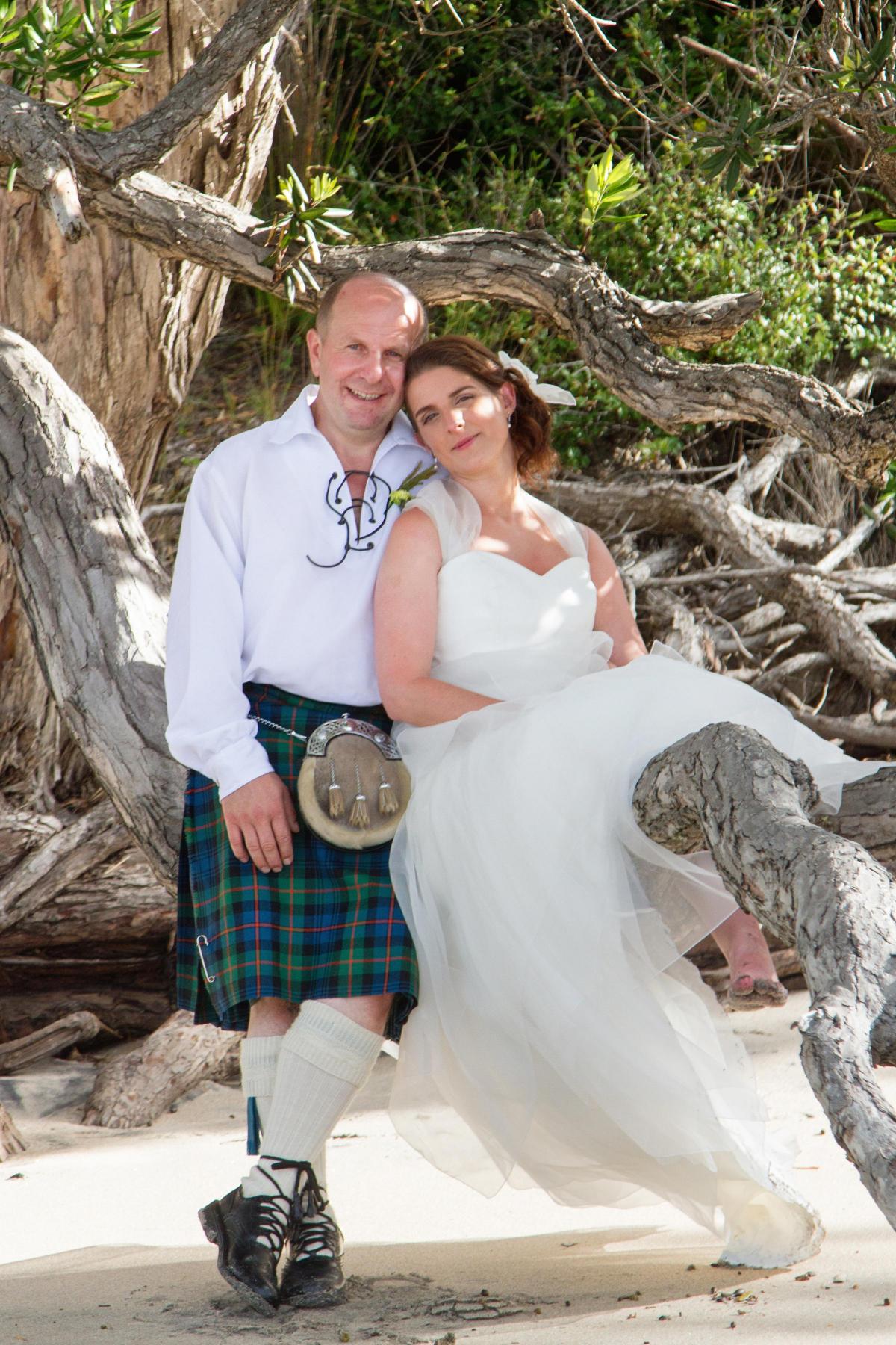 Wigtownshire couple, Katie Birkett, Cairngaan, Drummore and Irving Beck, Castle Clanyard, Drummore, were married on Front Beach, Coromandel, New Zealand.