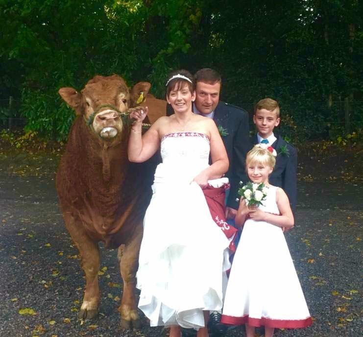 Married at Banchory Lodge Hotel, Banchory, was Michelle Stewart, Hawick, and Euan Greenlaw, Ballater, Aberdeenshire. Also in the photo is their bull Gairnside Luca, as well as niece and nephew Janey and Adam Rettie

