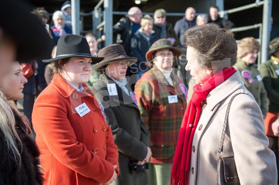 Clydesdale judge Charlotte Young from Hall Farm Ayr meeting HRH Princess Anne before the overall horse championship. Ref: RH13171037