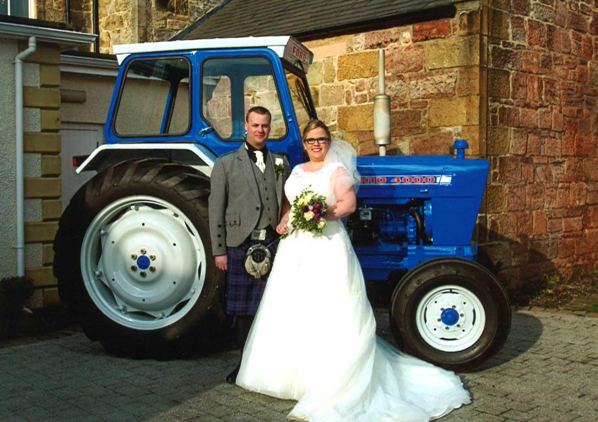 Erin Clark, Kilmarnock, married Graeme Shuttleton, Kilmarnock, formerly of Lochridgehills, Dunlop, at Bellfield Church, then Dumfries Arms Hotel. Tractor courtesy of Ian Watt, Cumnock