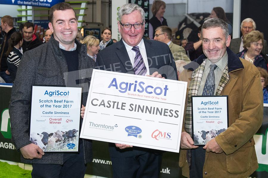 Fergus Ewing with Robert and John Fleming from Castle Sinniness the  Scottish Beef farm of the year. Ref: RH1511170195.