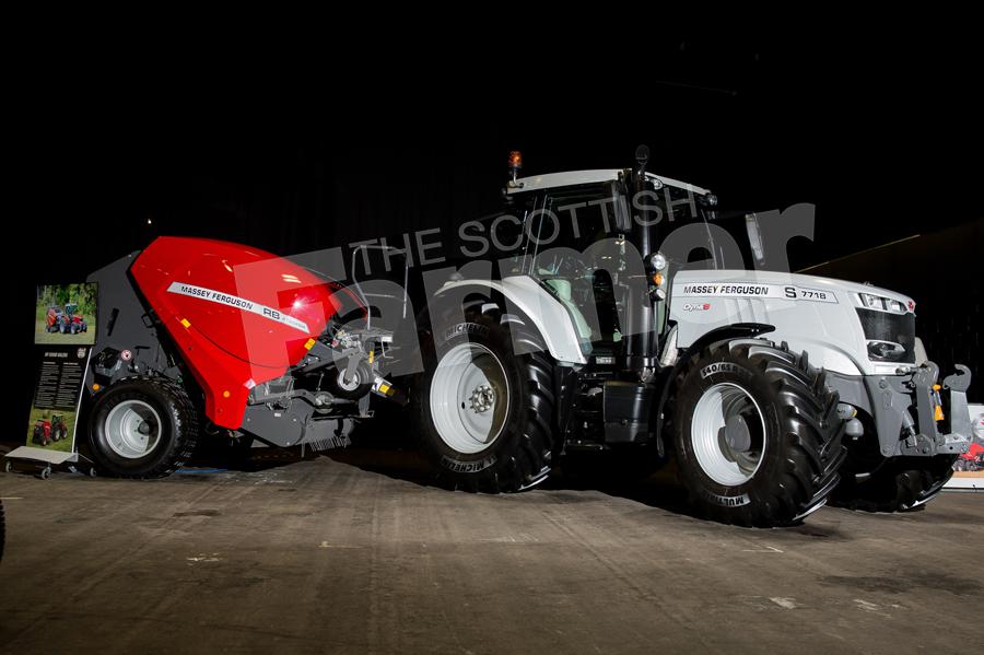 Massey Ferguson 7718 S  wrapped in diamond vinyl  to celebrate  60th anniversary and the  2125FPR round baler on the back. Ref: RH200318111.