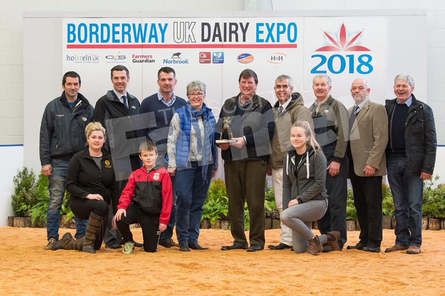 Jimmy Wilson from the Tregibby Herd  became the 2018 recipient of the John Dennison Lifetime Achievement Award, Jimmy centre with the Dennison family and past winners. Ref: RH100318137.
