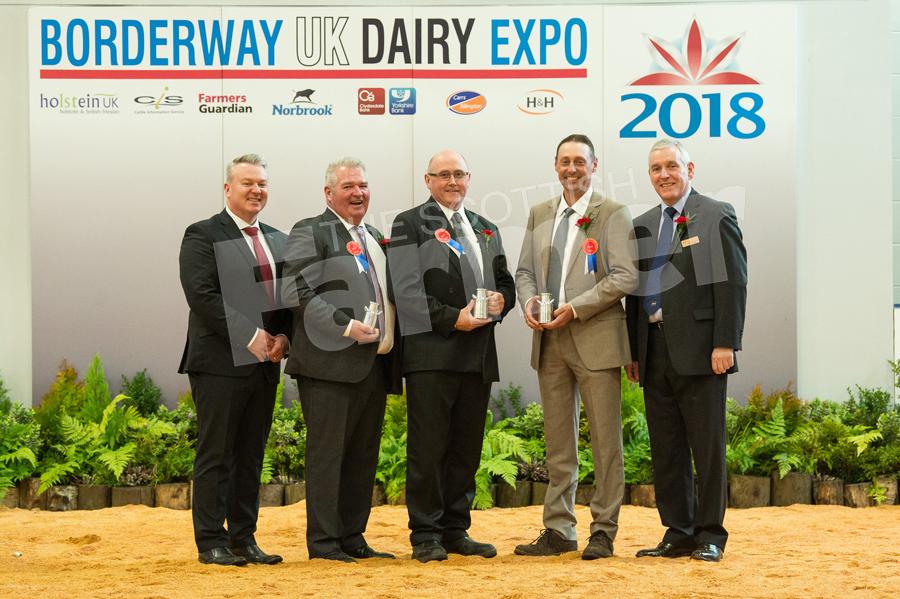 Dairy Auctioneer Glyn Lucas with judges Selwyn Donald, Alan Timbrell, Dean Malcolm and Borderway marts Operations Director David Pritchard. Ref: RH100318153.